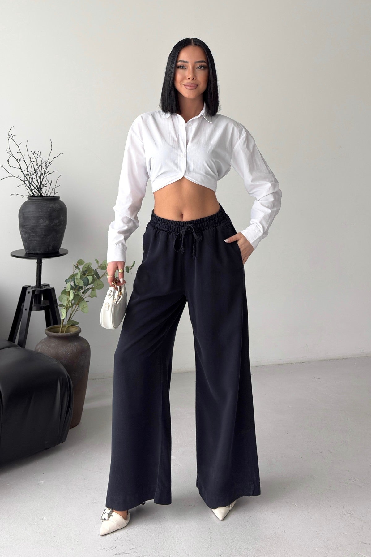 Pantaloni Palazzo cu Talie Elastică 7150