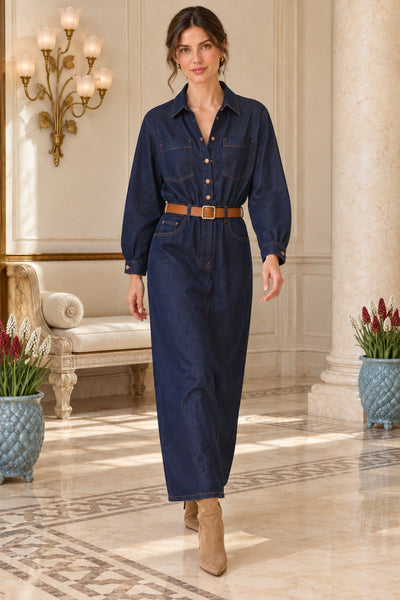 Rochie din denim drapată cu cămașă și curea 3101