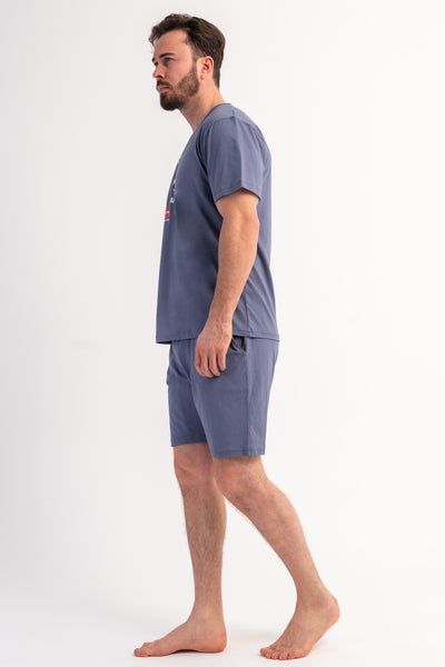 COSTUM BĂRBĂTESC DE DORMITOR CU BUZUNAR P.SUPREM XXL, GÂT ROTUND, MÂNECĂ SCURTĂ, PANTALONI SCURȚI - GRI FUMURIU