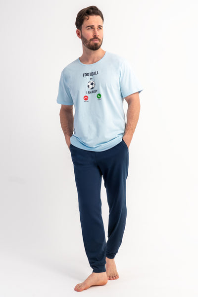 Pijama de bărbați cu buzunare, tip P.SUPREM XXL, mărime mare, decolteu rotund, mânecă scurtă - ALBASTRU