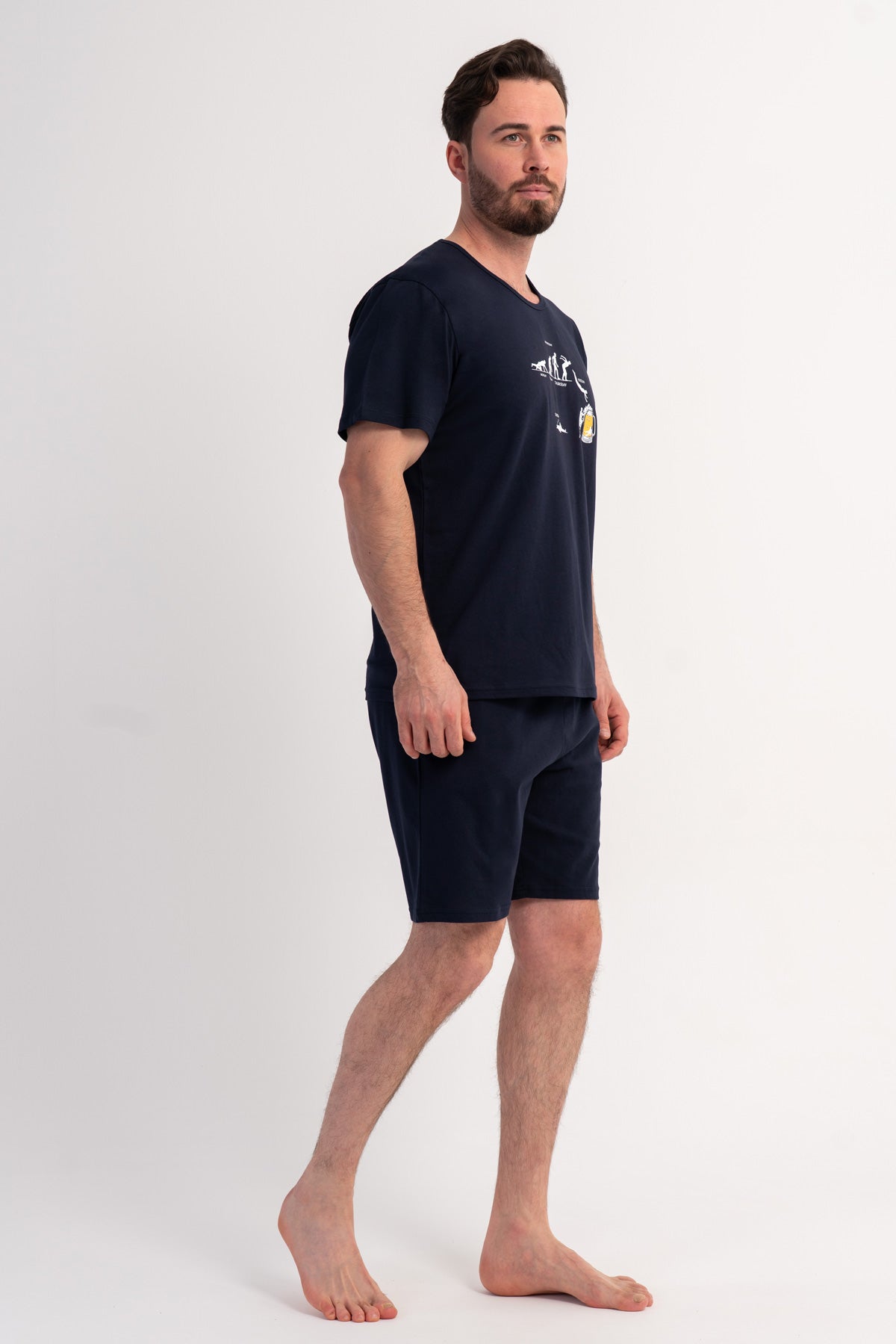 COSTUM BĂRBĂTESC DE PIJAMALE CU BUZUNARE, GÂT ROTUND, MÂNECĂ SCURTĂ, PANTALONI SCURȚI - MARIMEA XXL, SUPRADIMENSIONAT - BLEUMARIN