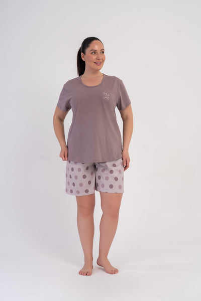 COSTUM DE PANTALONI SCURȚI CU FUSTĂ OVALĂ CU MÂNECĂ SCURTĂ DE DAMĂ P.SUPREM BATTAL XXL GÂT ROTUND - CAFENIU