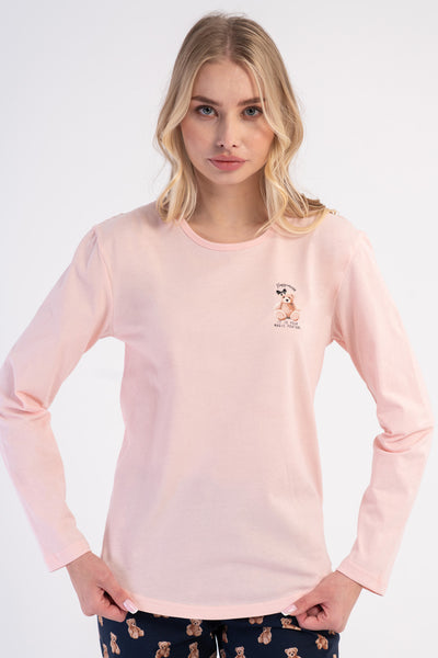 Kadın Penye Süprem O Yaka Uzun Kol Eteği Oval Pijama Takım - Pembe
