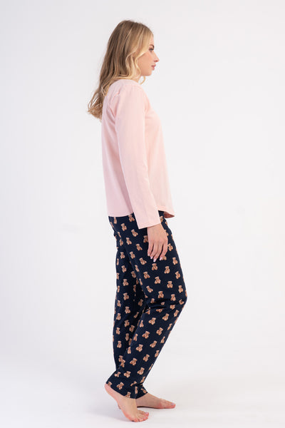 Kadın Penye Süprem O Yaka Uzun Kol Eteği Oval Pijama Takım - Pembe