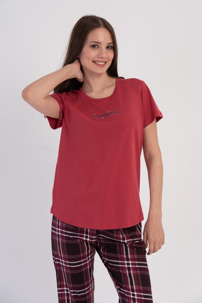 Costum oval Capri cu mânecă scurtă și guler în formă de O pentru femei P.SUPREM - Vișiniu