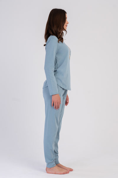 SET DE PIJAMA CU MÂNECĂ LUNGĂ ȘI GÂT ÎN O PENTRU DAMĂ P.SUPREM - VERDE