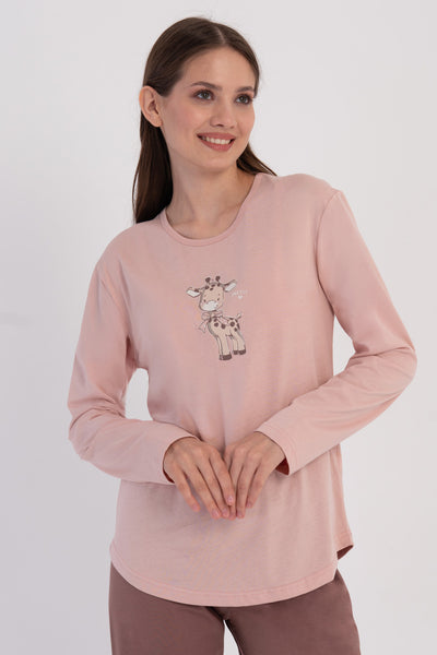 KADIN P.SUPREM O YAKA UZUN KOL ETEGI OVAL PIJAMA TAKIM - PUDRA PEMBE