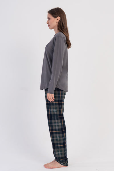 KADIN P.SUPREM O YAKA UZUN KOL ETEGI OVAL PIJAMA TAKIM - FUME