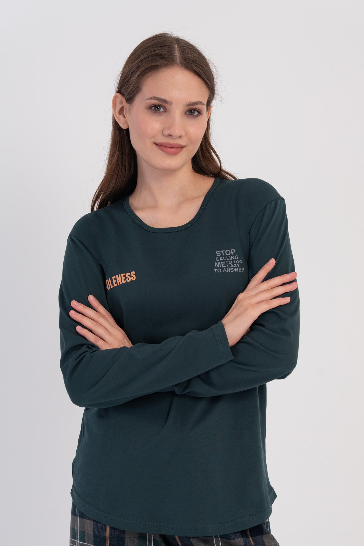 Set pijama oval cu fustă și mânecă lungă, cu guler în O, P.SUPREM, pentru femei - verde