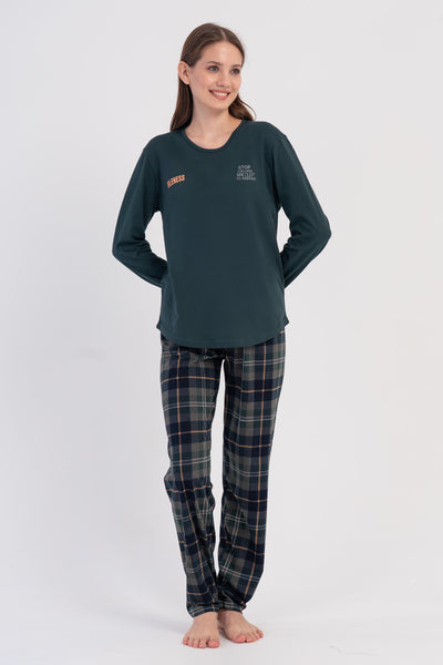 Set pijama oval cu fustă și mânecă lungă, cu guler în O, P.SUPREM, pentru femei - verde