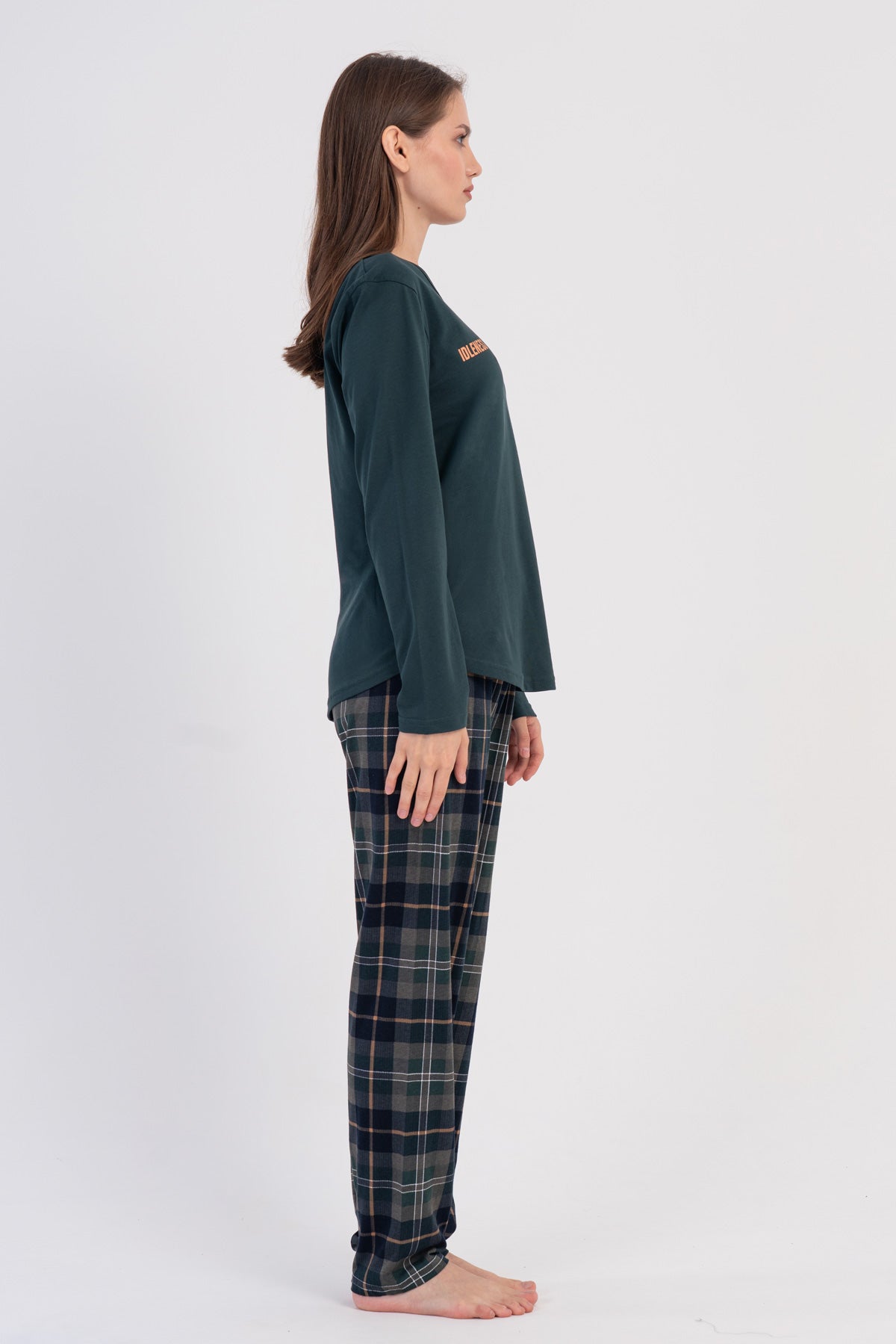 Set pijama oval cu fustă și mânecă lungă, cu guler în O, P.SUPREM, pentru femei - verde