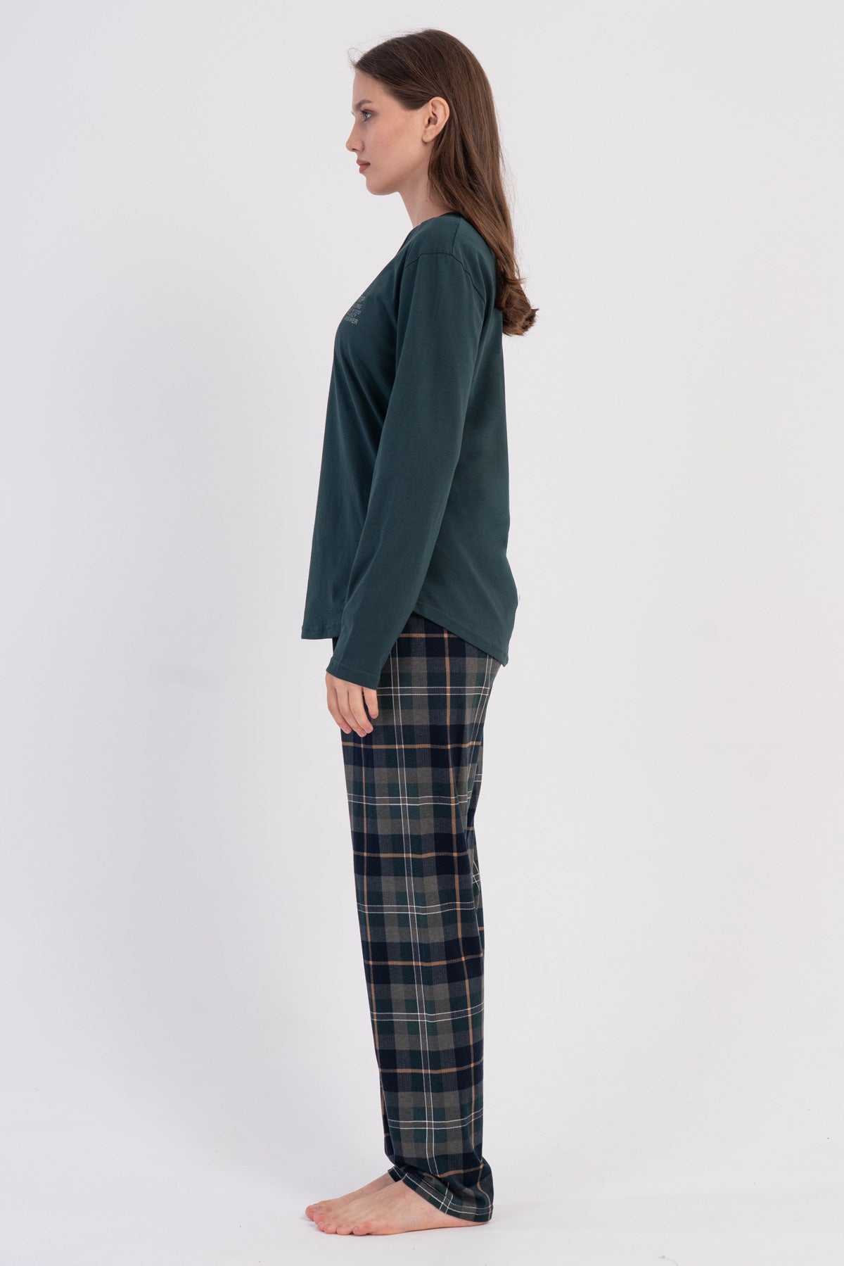 Set pijama oval cu fustă și mânecă lungă, cu guler în O, P.SUPREM, pentru femei - verde