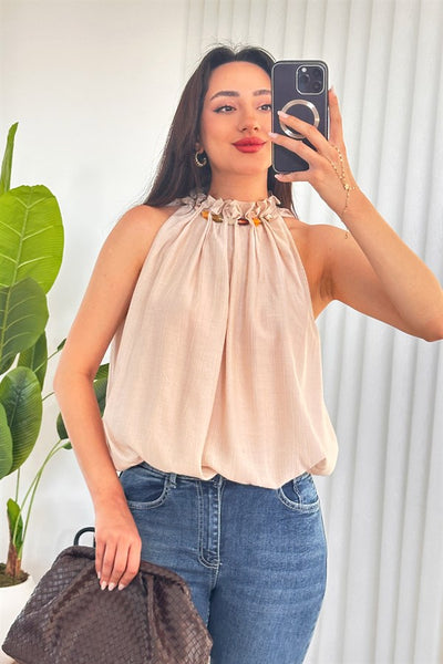 Bluza de Toptan Model Balon cu Perle la Guler Bej