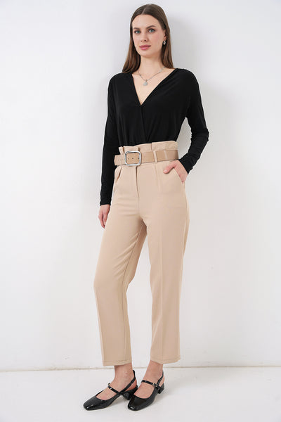 6556 Pantaloni Țesătură cu Centură - Crem