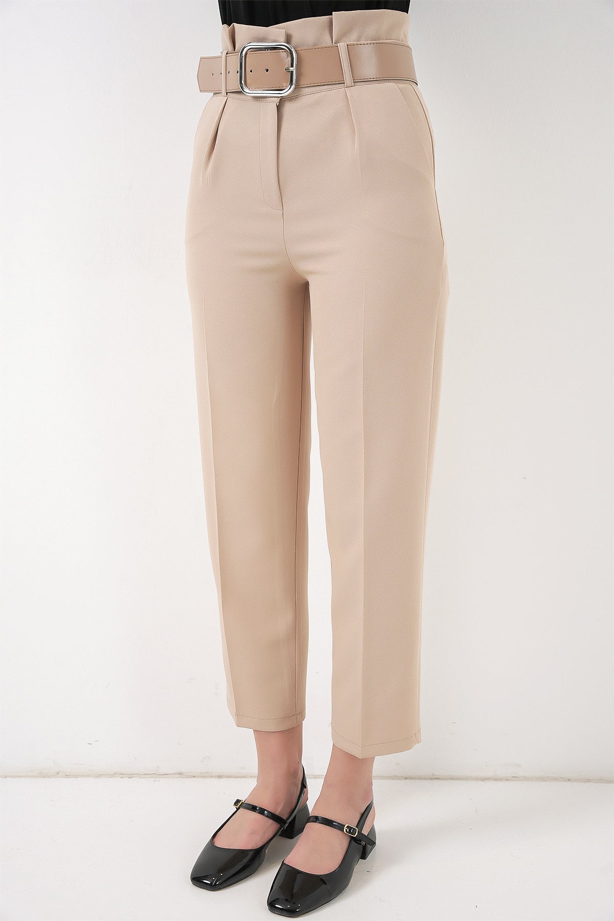 6556 Pantaloni Țesătură cu Centură - Crem
