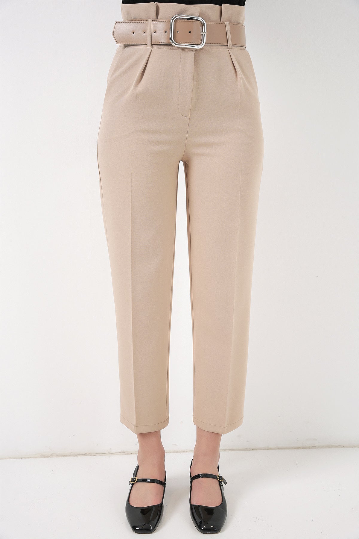 6556 Pantaloni Țesătură cu Centură - Crem