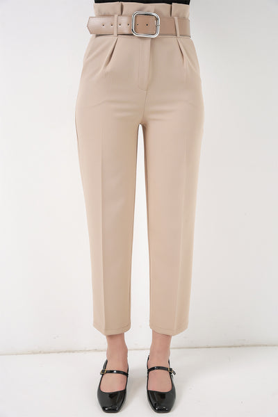 6556 Pantaloni Țesătură cu Centură - Crem