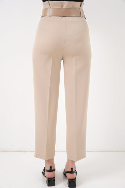 6556 Pantaloni Țesătură cu Centură - Crem