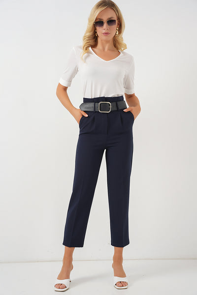 Pantalon Din Țesătură Cu Curea 6556 - Albastru Închis