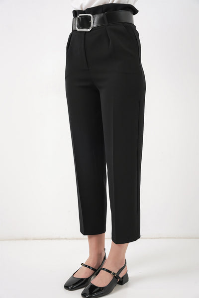 6556 Pantaloni Țesătură cu Curea - Negru
