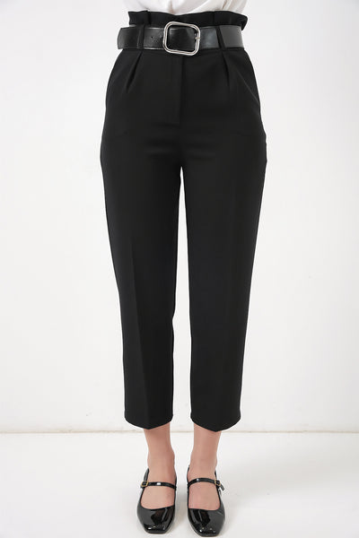 6556 Pantaloni Țesătură cu Curea - Negru