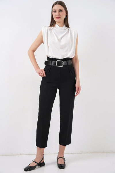 6556 Pantaloni Țesătură cu Curea - Negru