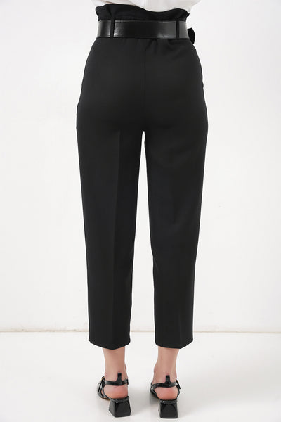 6556 Pantaloni Țesătură cu Curea - Negru