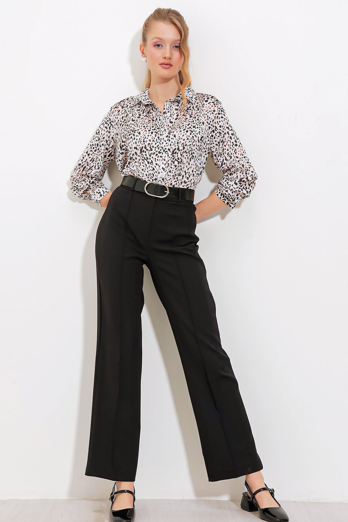 Pantalon din țesătură cu talie înaltă negru pentru femei 6584