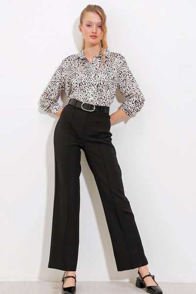 Pantalon din țesătură cu talie înaltă negru pentru femei 6584