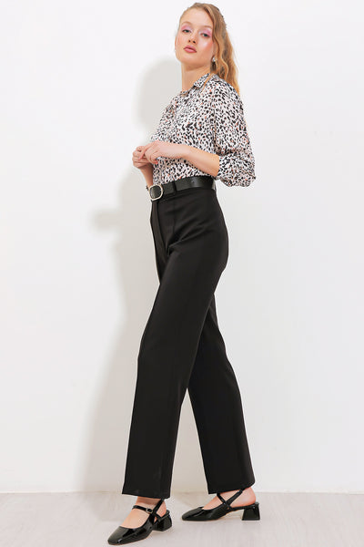Pantalon din țesătură cu talie înaltă negru pentru femei 6584