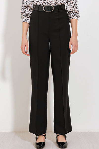 Pantalon din țesătură cu talie înaltă negru pentru femei 6584