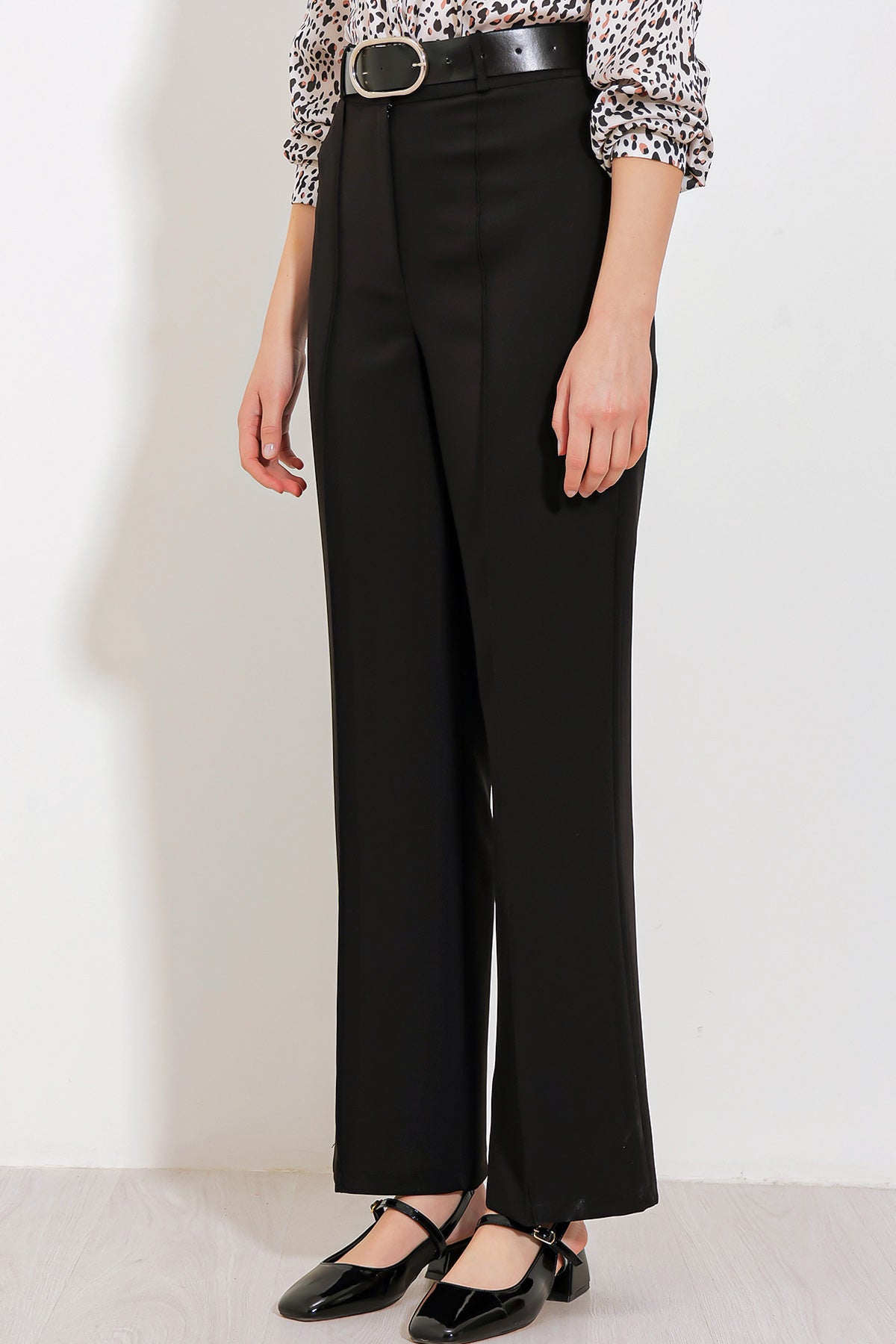 Pantalon din țesătură cu talie înaltă negru pentru femei 6584