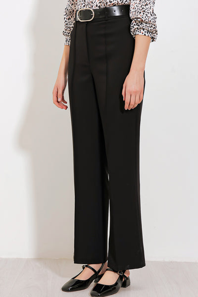 Pantalon din țesătură cu talie înaltă negru pentru femei 6584