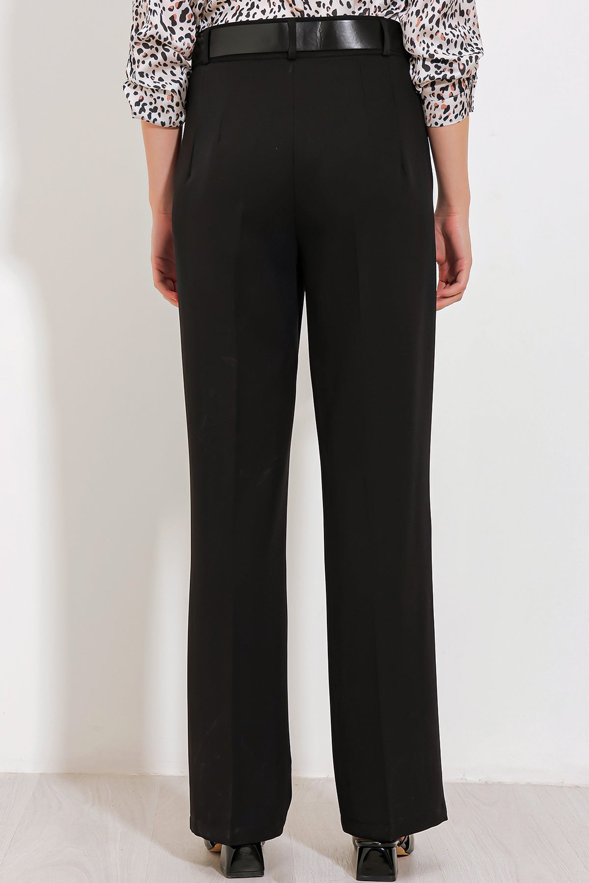 Pantalon din țesătură cu talie înaltă negru pentru femei 6584