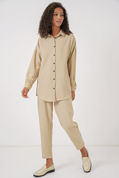 Kadın Bej Oversize Keten Alt Üst Takım 6622