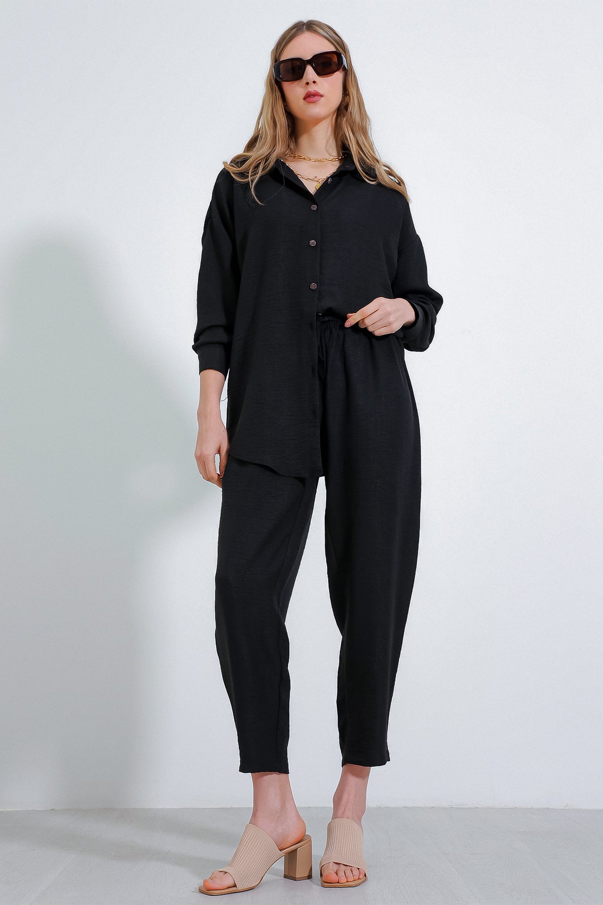 Compleu oversize din in negru top-jos pentru femei 6622