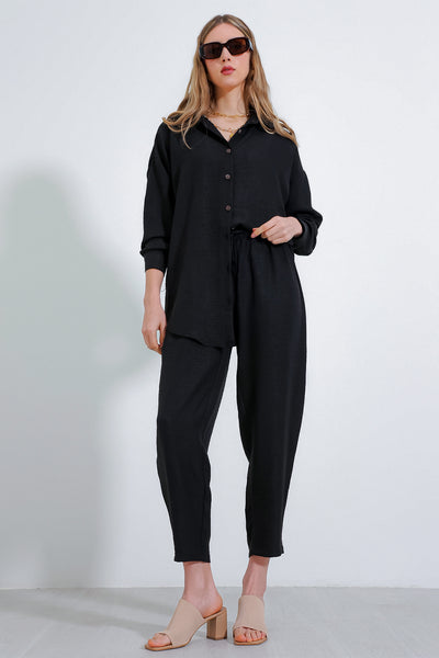 Compleu oversize din in negru top-jos pentru femei 6622