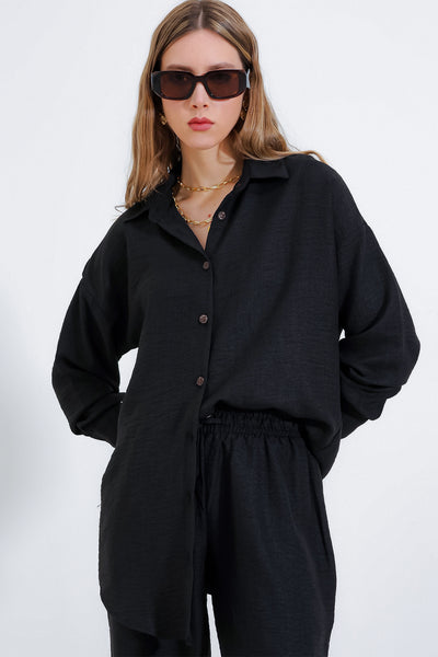 Compleu oversize din in negru top-jos pentru femei 6622
