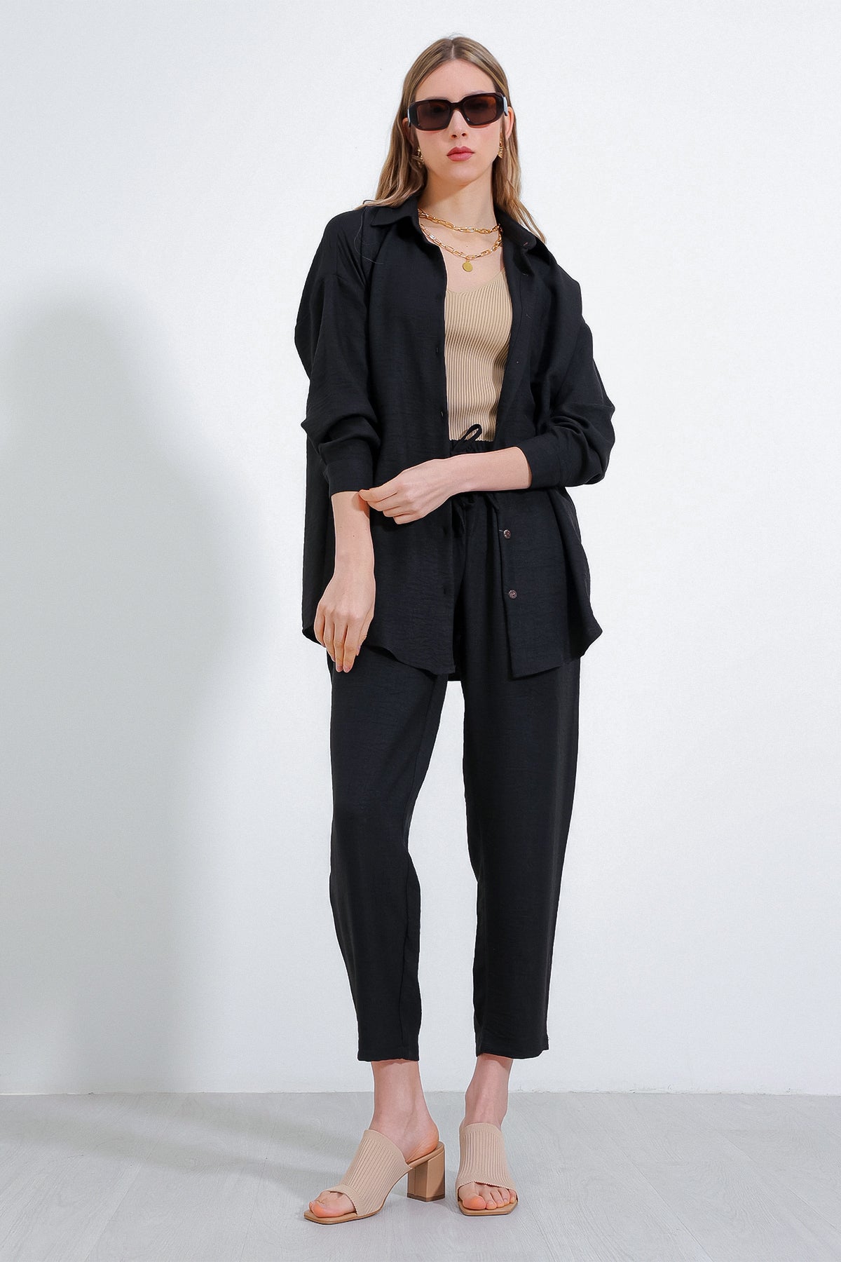 Compleu oversize din in negru top-jos pentru femei 6622