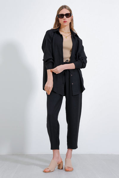 Compleu oversize din in negru top-jos pentru femei 6622