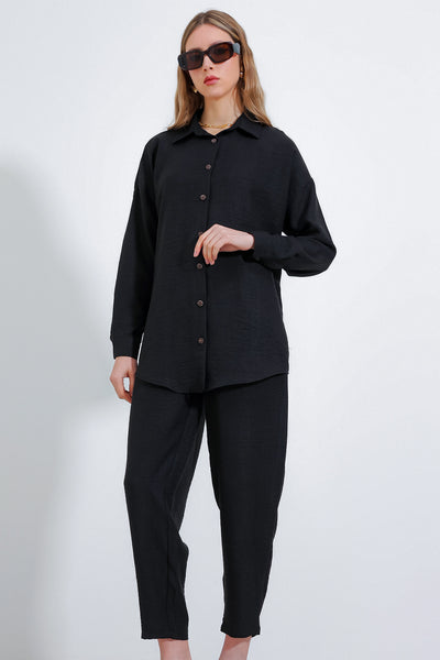 Compleu oversize din in negru top-jos pentru femei 6622