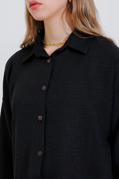Compleu oversize din in negru top-jos pentru femei 6622