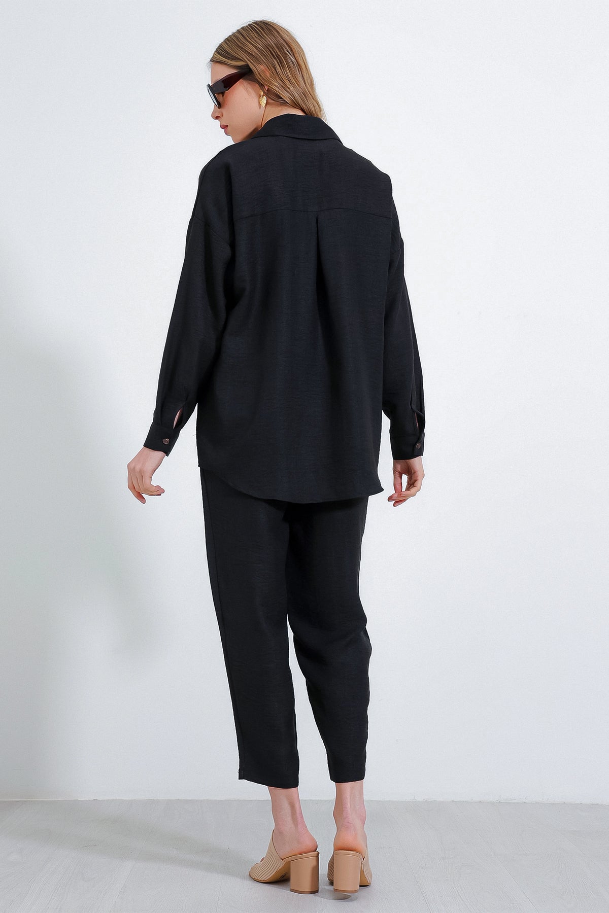 Compleu oversize din in negru top-jos pentru femei 6622