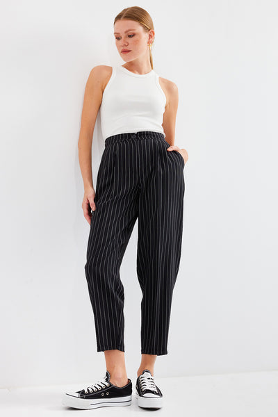 6637 Pantalon Țesut Talie Înaltă cu Dungi - Negru