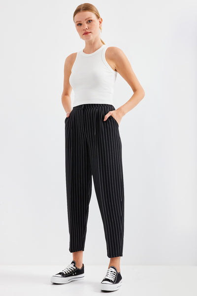 6637 Pantalon Țesut Talie Înaltă cu Dungi - Negru