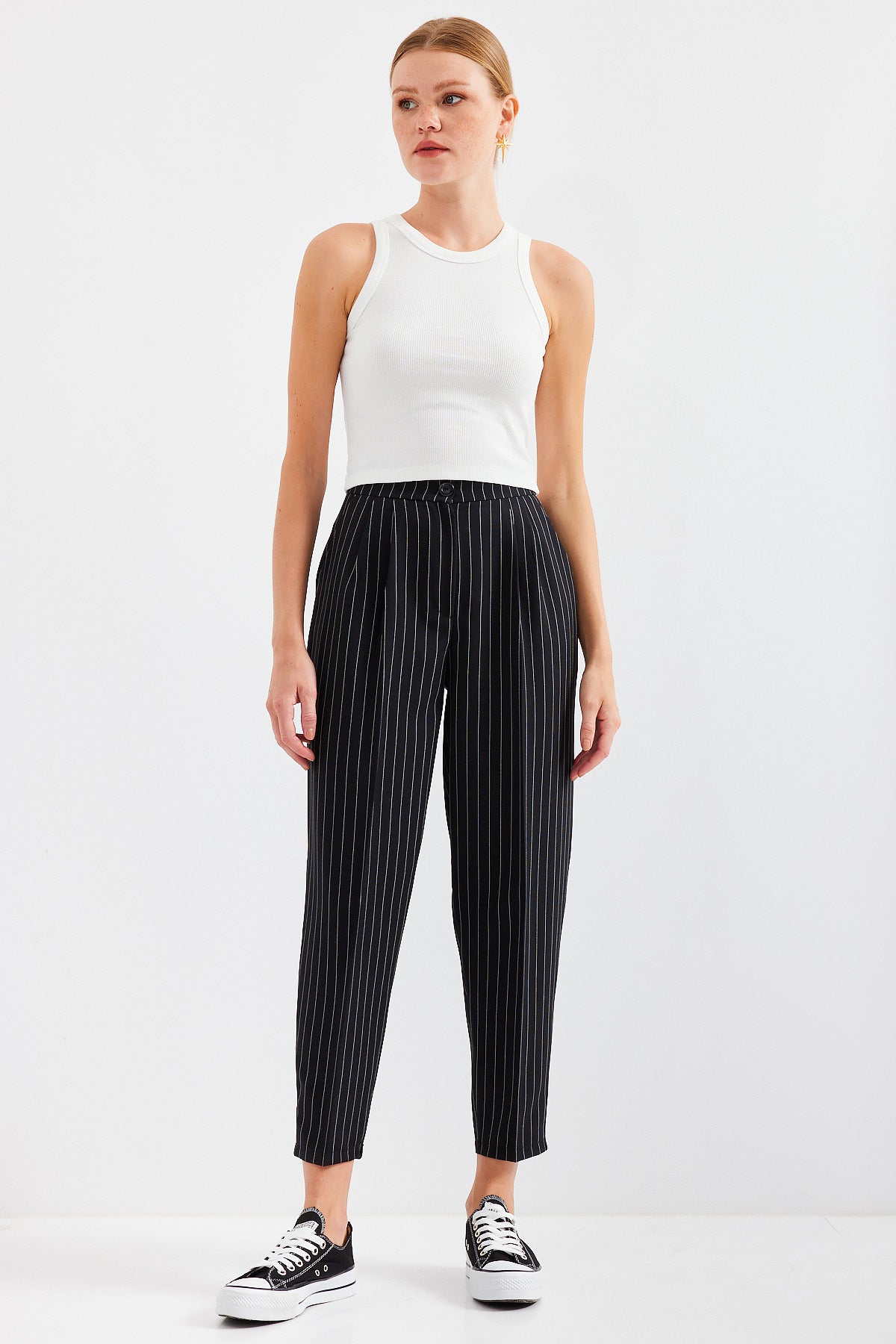 6637 Pantalon Țesut Talie Înaltă cu Dungi - Negru