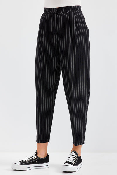 6637 Pantalon Țesut Talie Înaltă cu Dungi - Negru