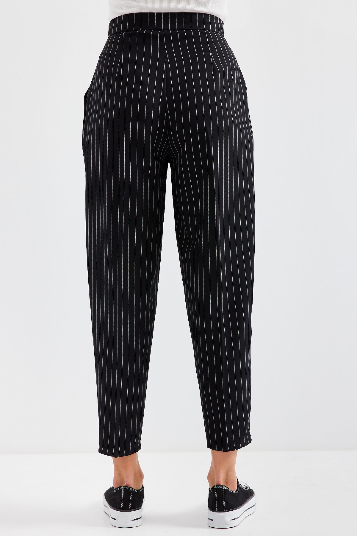 6637 Pantalon Țesut Talie Înaltă cu Dungi - Negru