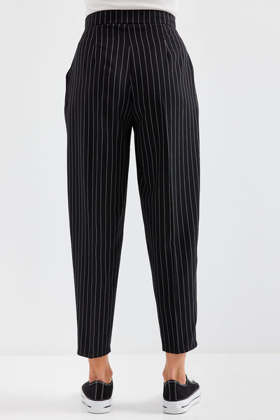 6637 Pantalon Țesut Talie Înaltă cu Dungi - Negru