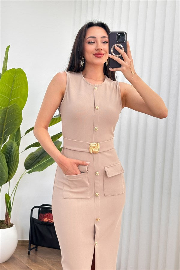 Rochie Bej Ottoman cu Curea și Nasturi Tiv Marfă